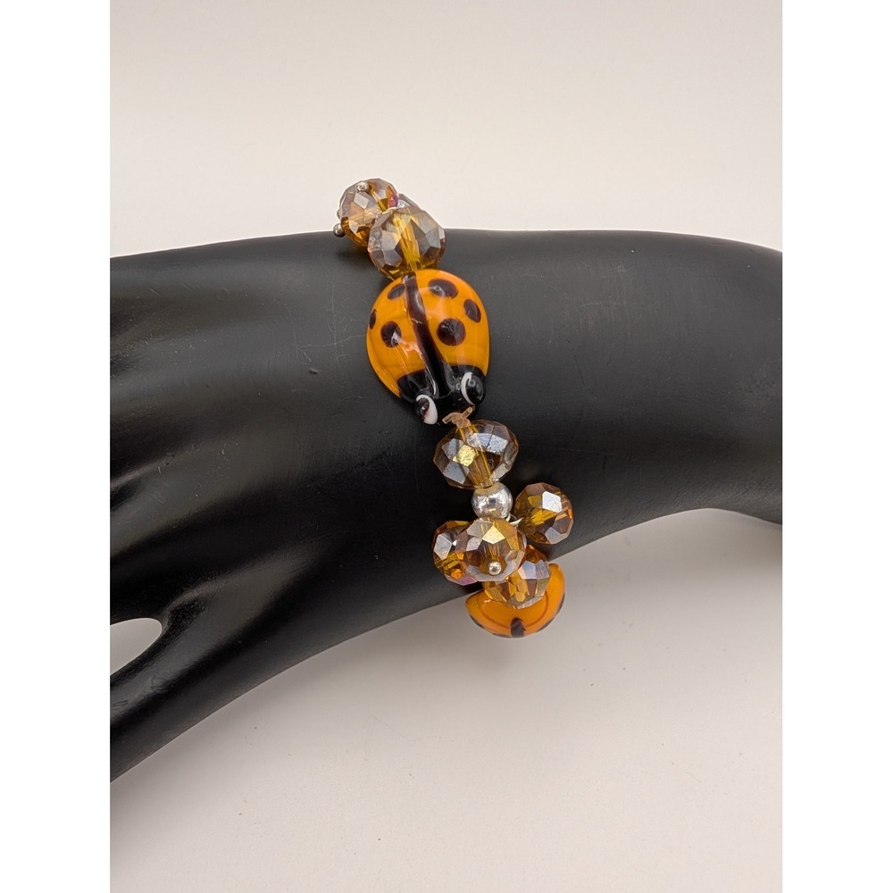 Orange Glass Ladybug Beaded Stretch Bracelet Amber Crystal Accents Unsigned